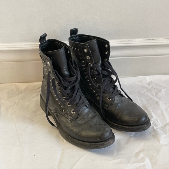 Frye distressed black leather ankle boots with studs accent. - Picture 4 of 6